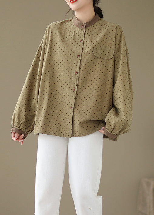 Casual Versatile Green Dot Print Plus Size Cotton Shirt Fall OO035