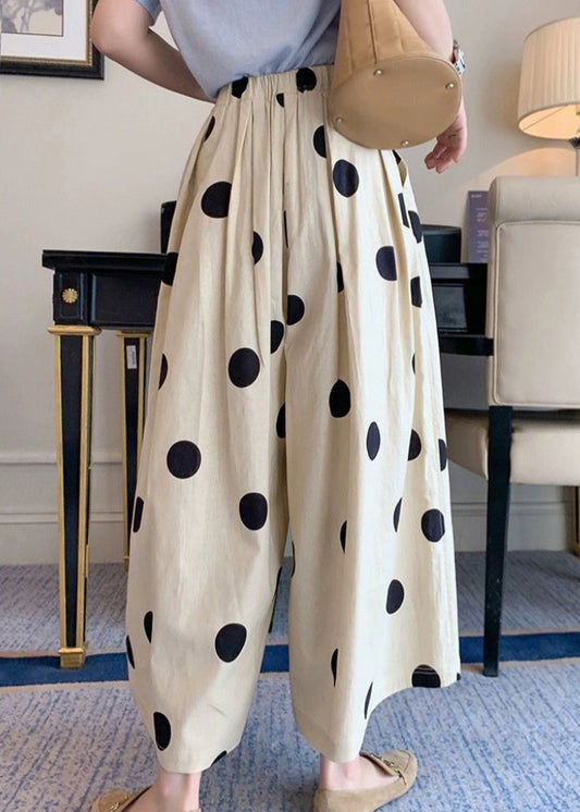 Casual White Dot Print Elastic Waist Crop Wide Leg Pants Summer TR006