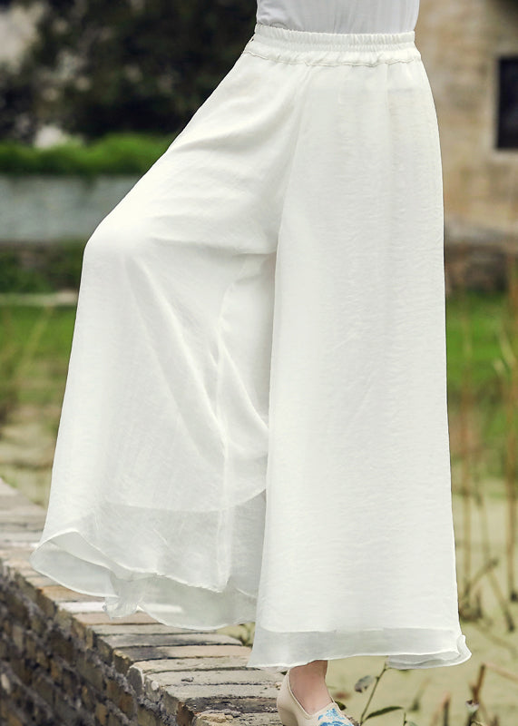 Casual White Elastic Waist Silk Wide Leg Pants Fall WP037