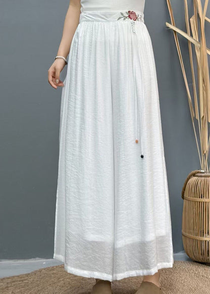 Pantalon d'été large brodé sur les côtés, jambe blanche, en lin, ouvert, décontracté