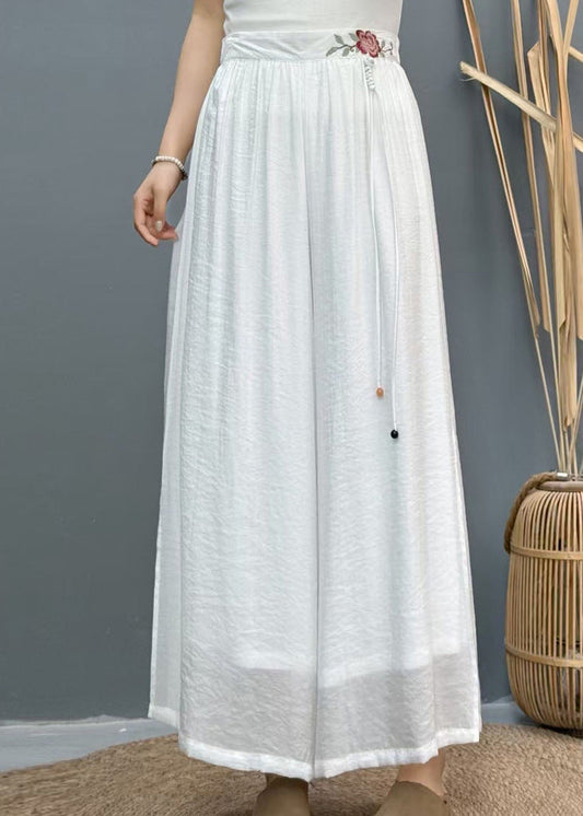 Pantalon d'été large brodé sur les côtés, jambe blanche, en lin, ouvert, décontracté