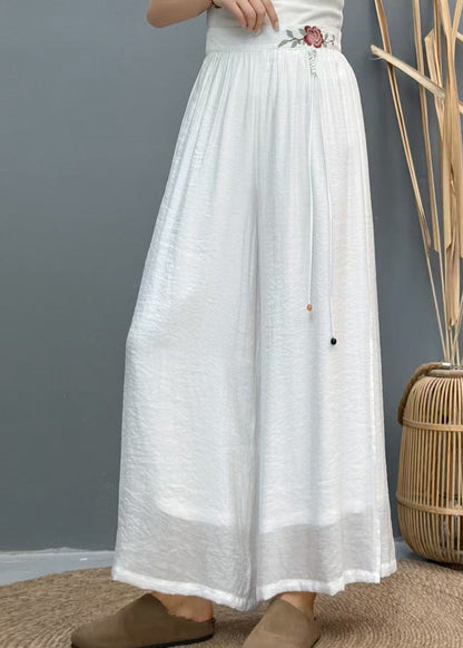 Pantalon d'été large brodé sur les côtés, jambe blanche, en lin, ouvert, décontracté