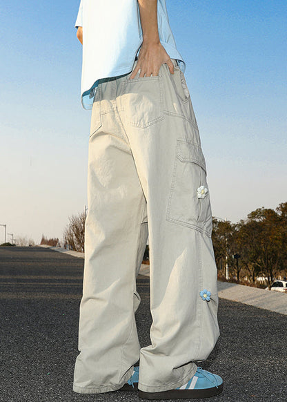 Pantalon d'été décontracté en coton blanc brodé avec poches pour homme