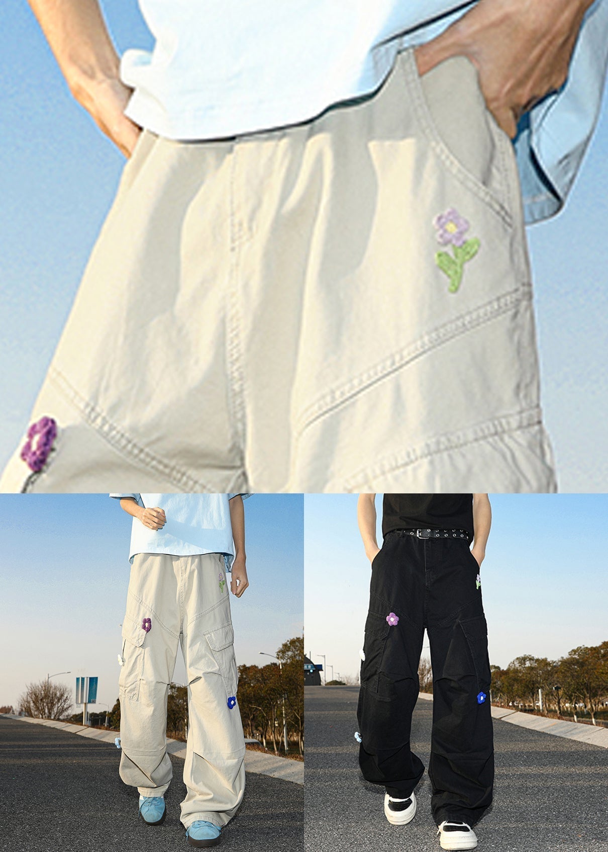 Pantalon d'été décontracté en coton blanc brodé avec poches pour homme