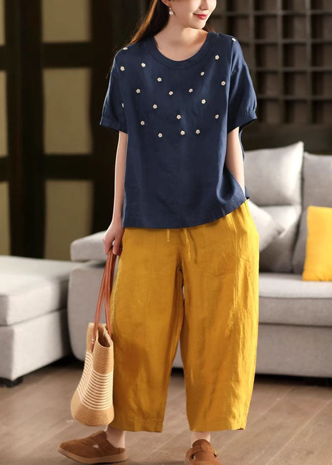 Linen Casual O-Neck Embroideried Tops Summer White