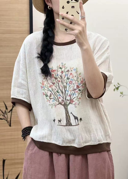 Übergroßes Leinen-Oberteil mit weißem Aufdruck und Patchwork-Ärmeln