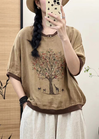 Übergroßes Leinen-Oberteil mit weißem Aufdruck und Patchwork-Ärmeln