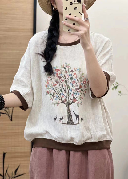 Übergroßes Leinen-Oberteil mit weißem Aufdruck und Patchwork-Ärmeln