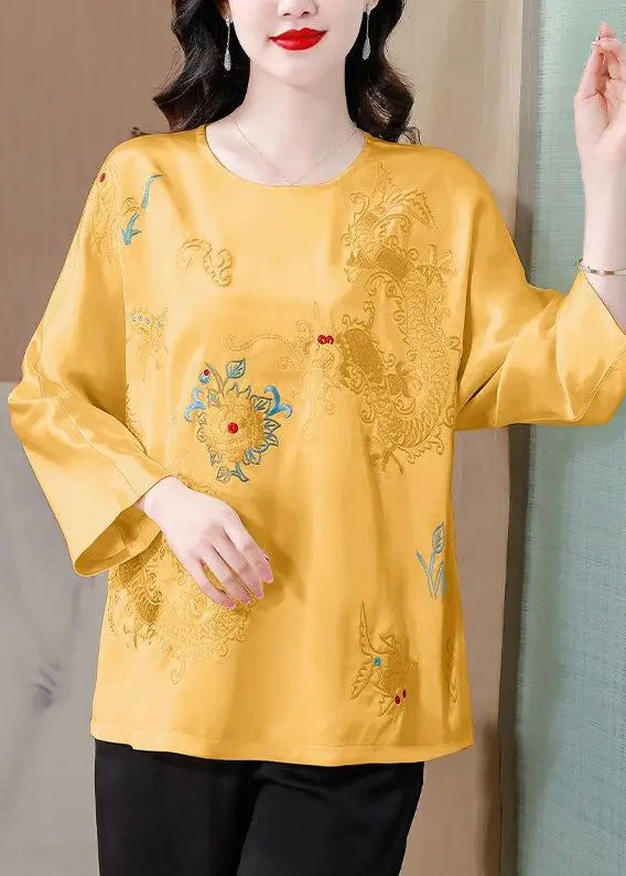 Casual Yellow Embroidered Silk Blouse Tops Spring Ada Fashion