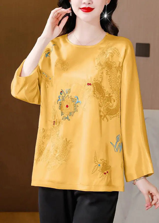 Casual Yellow Embroidered Silk Blouse Tops Spring Ada Fashion