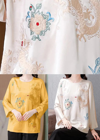 Casual Yellow Embroidered Silk Blouse Tops Spring Ada Fashion