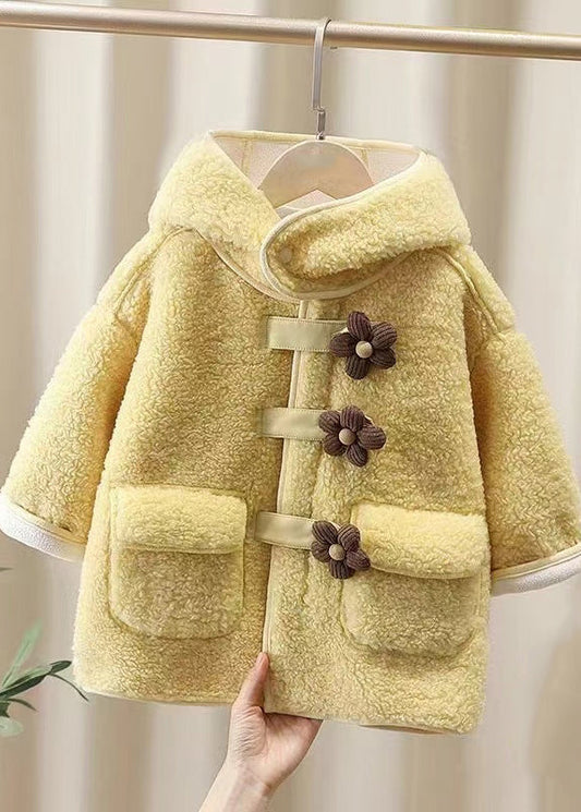 Manteaux à capuche en polaire chaude et décontractée pour filles, patchwork jaune, boutons, fausse fourrure, hiver WL031