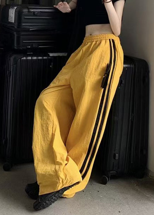 Pantalon taille élastique jaune décontracté printemps coton rayé