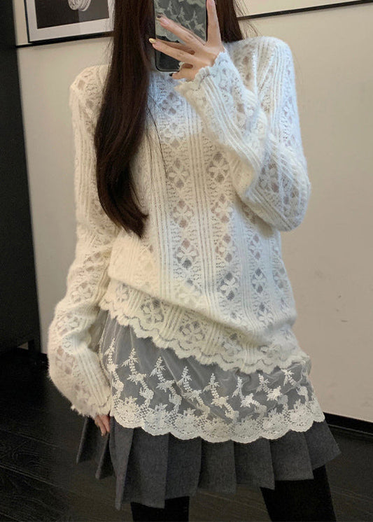 Schicker Apricot Hign Neck Lace Patchwork Strickpullover Winter RF007