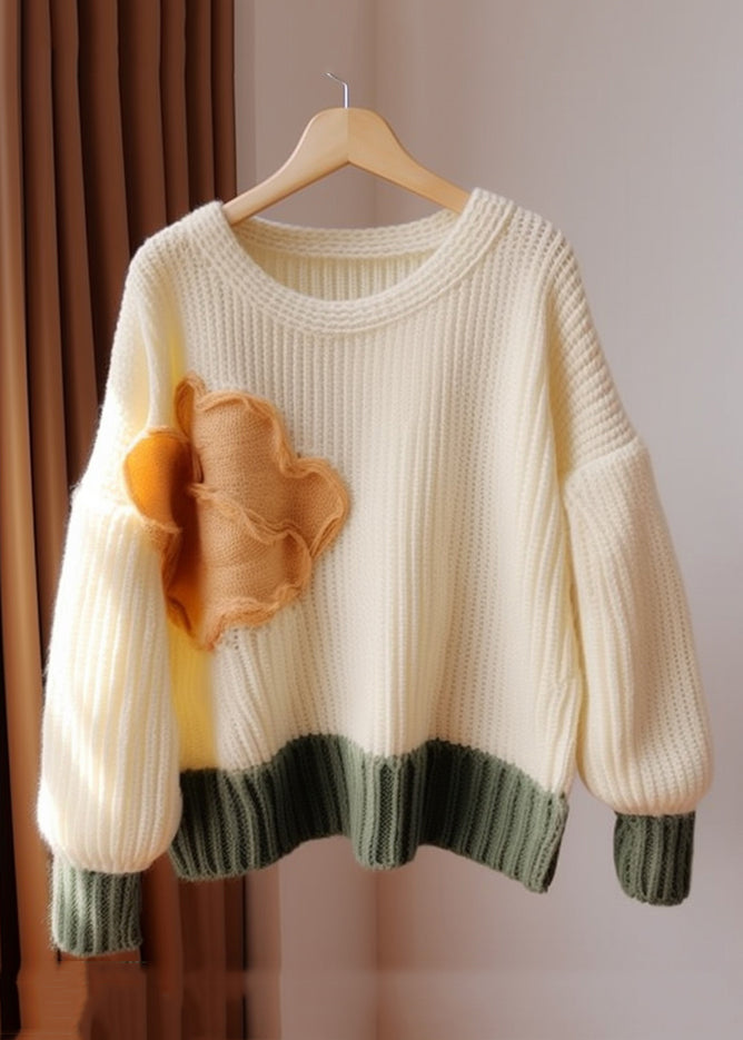 Chic Apricot O Neck Patchwork Knit Sweater Fall QG011