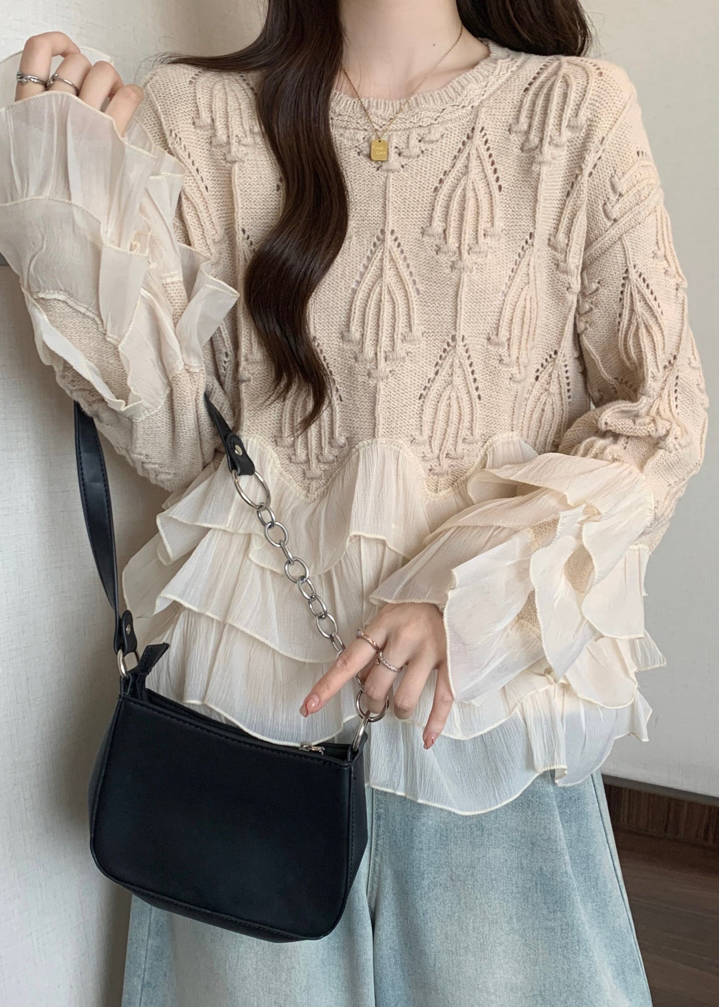 Chic Apricot Ruffled Patchwork Knit Sweater Tops Fall WN032