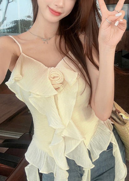 Chic Apricot Solid Ruffled Cotton Spaghetti Strap Tank Sleeveless EE1052