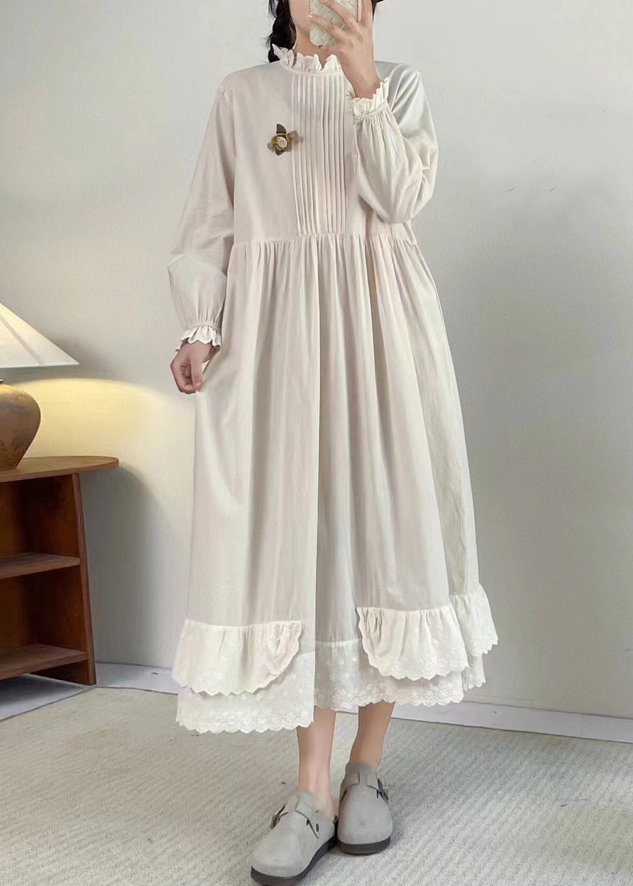 Chic Apricot Stand Collar Ruffled Patchwork Wrinkled Long Dress Long Sleeve BV050