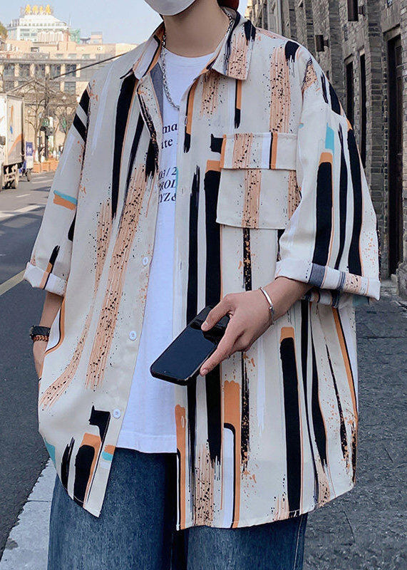 Button Silk Mens Shirt Striped Ice Chic Bracelet Sleeve Apricot