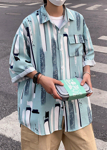 Button Silk Mens Shirt Striped Ice Chic Bracelet Sleeve Apricot