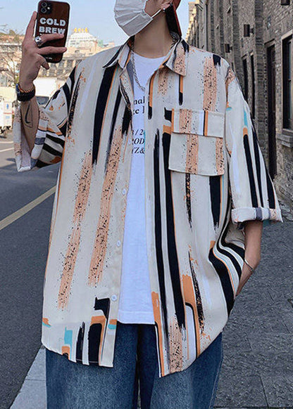 Button Silk Mens Shirt Striped Ice Chic Bracelet Sleeve Apricot