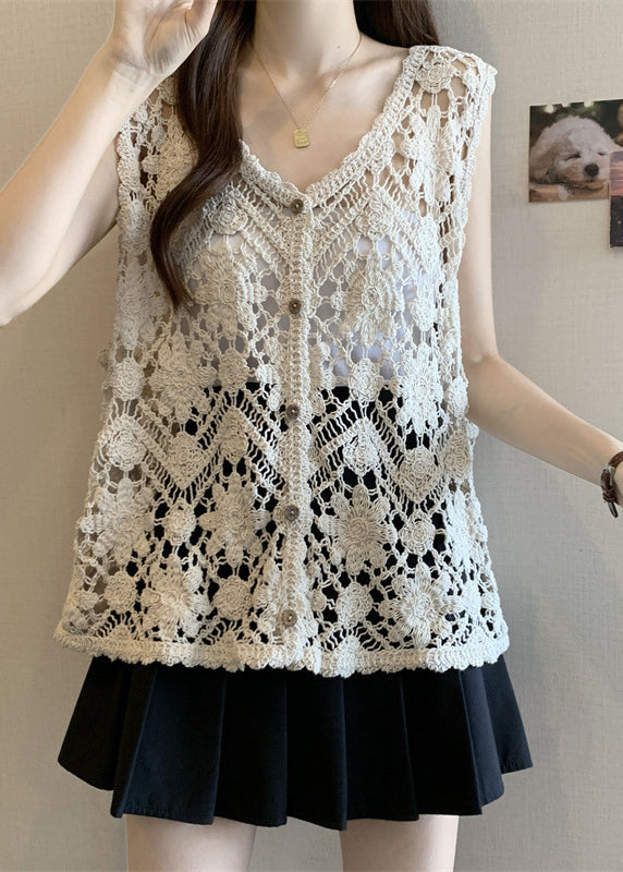 Out V Sleeveless Chic Apricot Vest Neck Hollow Knit