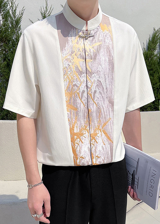 Beige Patchwork Half Stand Herren Chic Kragen T Shirt Ärmel