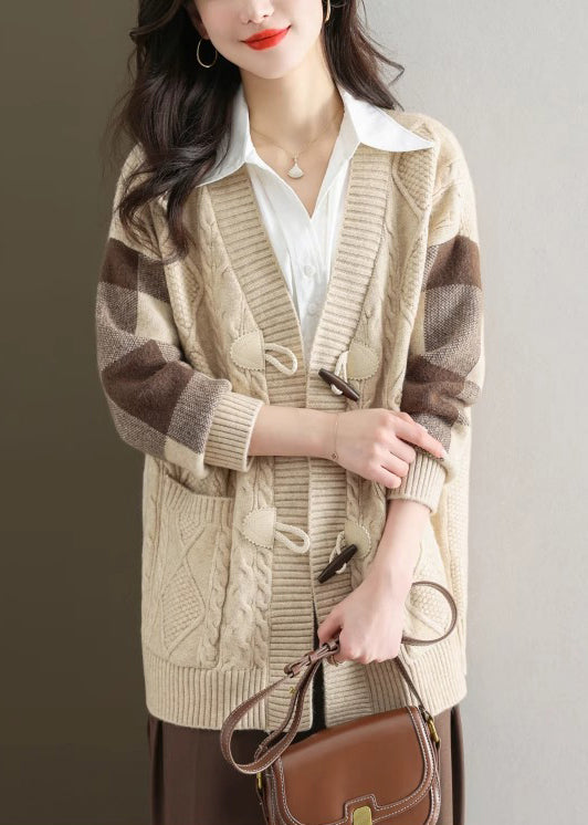 Chic Beige V Neck Button Patchwork Knit Cardigans Fall QS007