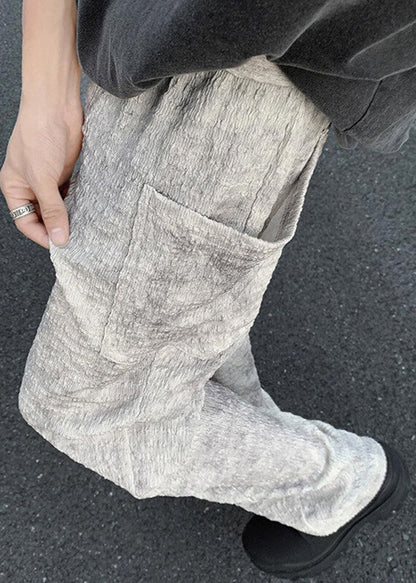 Pantalon homme en soie beige froissé avec poches chics Ice Summer