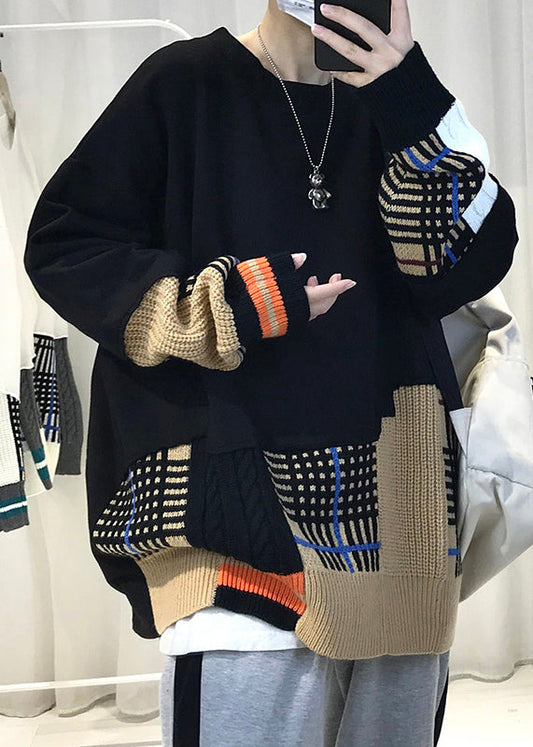 T-shirt homme chic en maille asymétrique noire patchwork, automne RP067