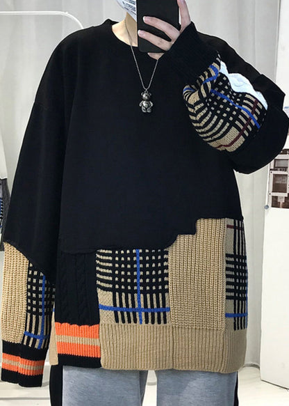 Schickes schwarzes asymmetrisches Strick-Patchwork-T-Shirt für Herren, Herbst, RP067