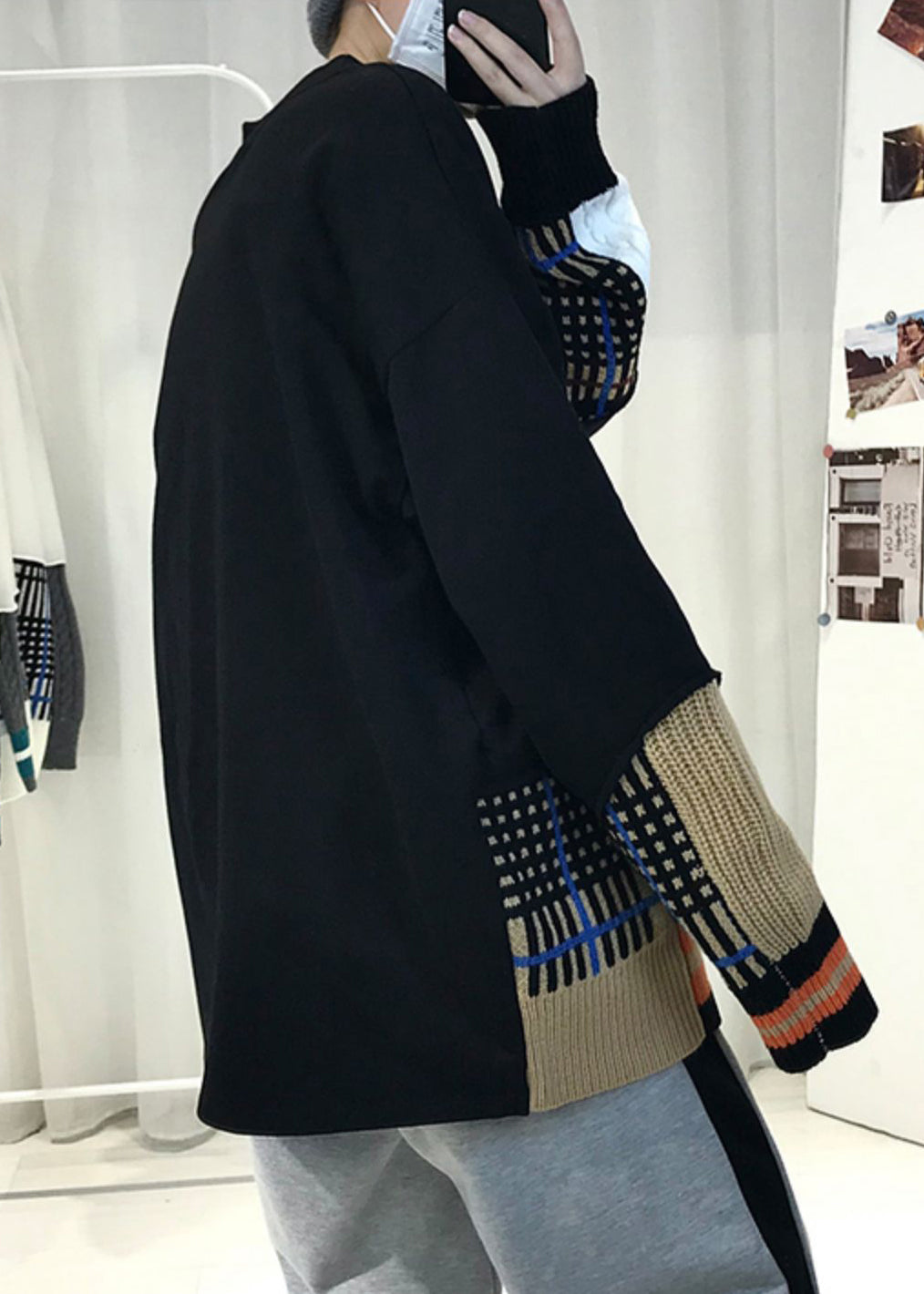 Schickes schwarzes asymmetrisches Strick-Patchwork-T-Shirt für Herren, Herbst, RP067