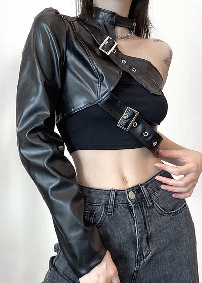 Faux Design Schwarz Frühling Leder Chic Mäntel Original Asymmetrische