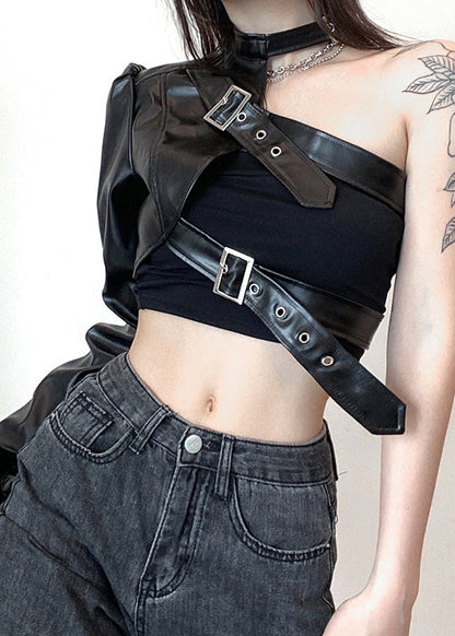 Faux Design Schwarz Frühling Leder Chic Mäntel Original Asymmetrische