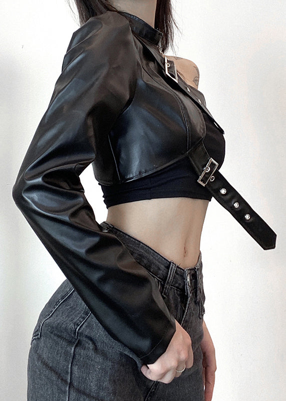 Faux Design Schwarz Frühling Leder Chic Mäntel Original Asymmetrische