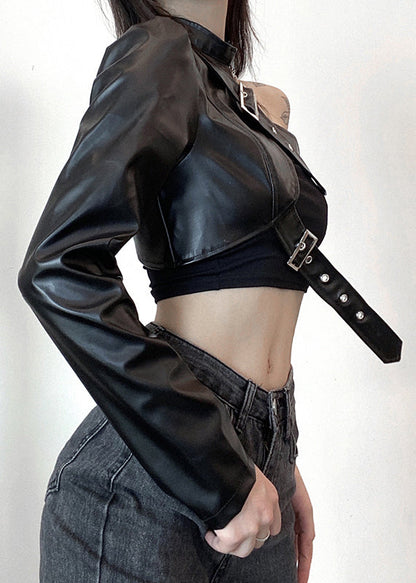 Faux Design Schwarz Frühling Leder Chic Mäntel Original Asymmetrische