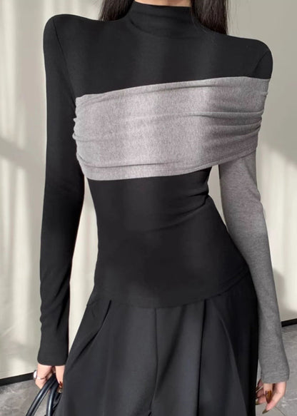 Chemise patchwork asymétrique noire chic en coton, printemps YP038