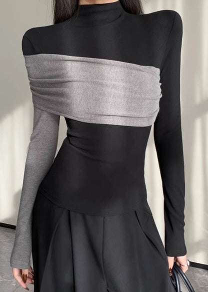 Chemise patchwork asymétrique noire chic en coton, printemps YP038