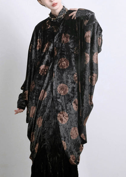 Chic Black Asymmetrical Print Silk Velour Shirts Batwing Sleeve QA1020 Ada Fashion