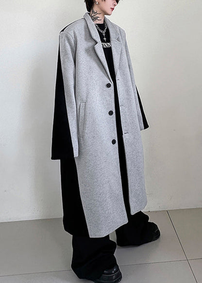 Chic Black Button Pockets Patchwork Woolen Mens Trench Coats Winter RO051