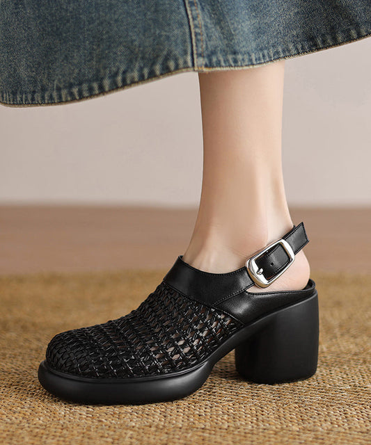 Chic Black Chunky Heel Faux Leather Sandals Hollow Out YC025