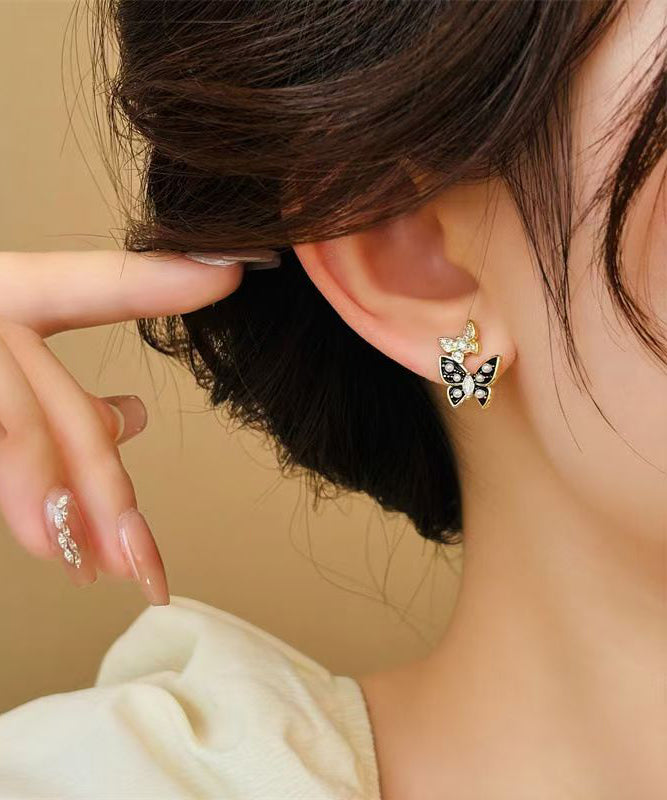 Chic Black Copper Alloy Zircon Drip Glaze Pearl Glass Stud Earrings WH042