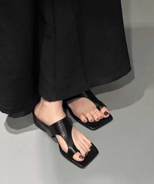 Faux Thong Sandals Chunky Chic Leather Black Splicing
