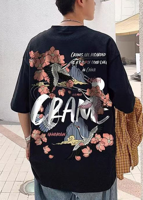 T-shirt en coton imprimé Chic O Summer pour homme, col oversize, noir