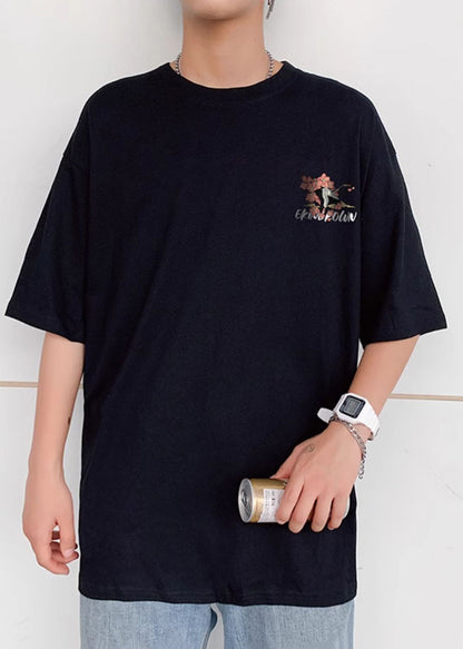 T Cotton Shirts Chic O Summer Print Men Oversized Neck Black