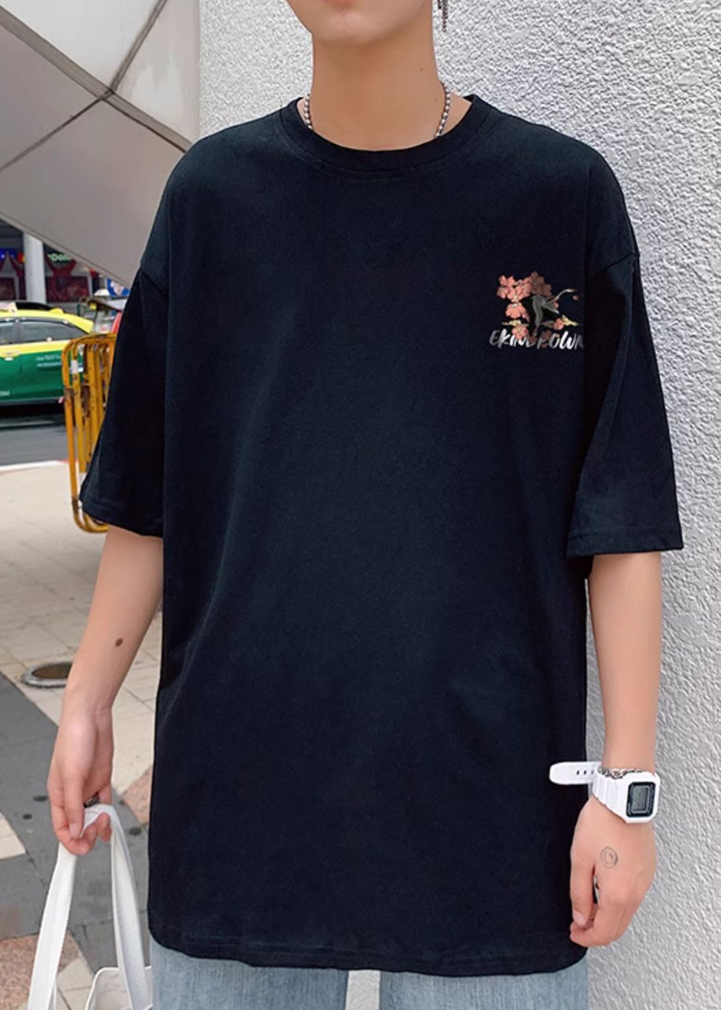 T Cotton Shirts Chic O Summer Print Men Oversized Neck Black
