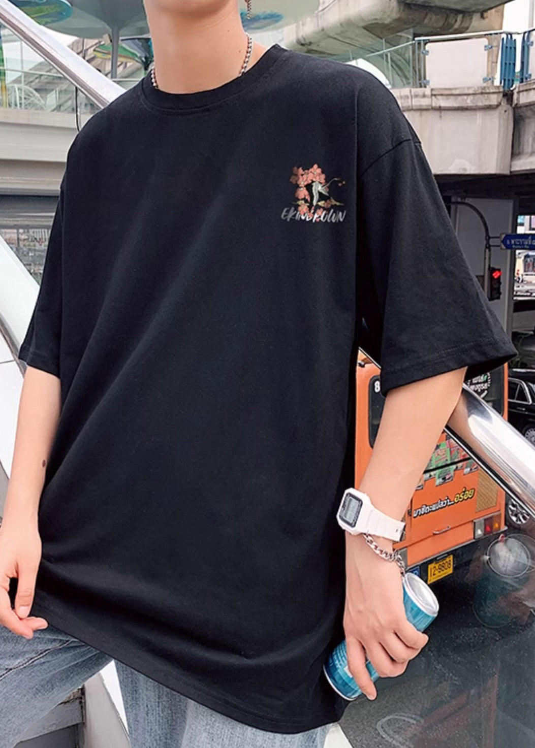 T Cotton Shirts Chic O Summer Print Men Oversized Neck Black