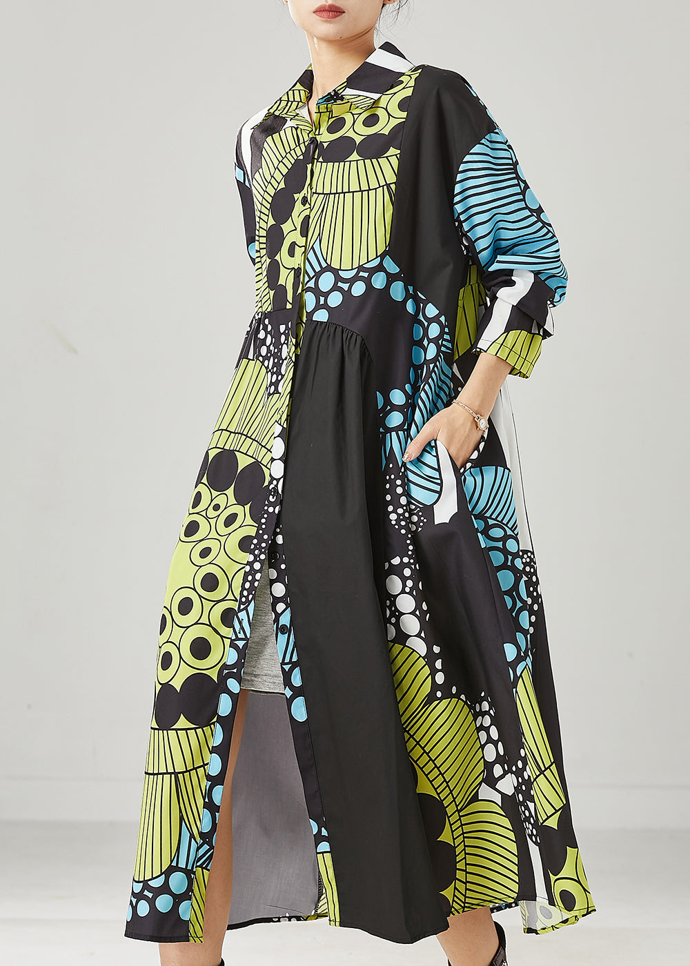 Chic Black Oversized Print Cotton Maxi Dresses Spring YU1036