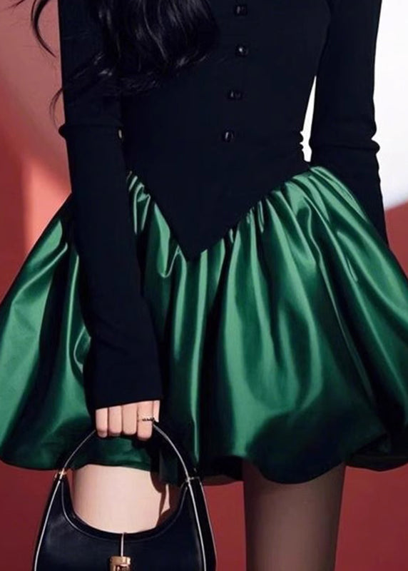 O-Ausschnitt Patchwork Schwarz Frühling Grün Mid Kleid Chic