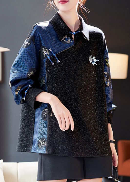 Chemises patchwork noires chics à col Peter Pan, printemps RL041